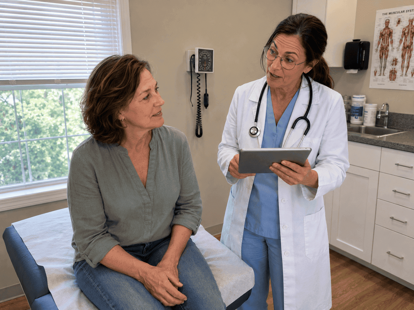 Linda at her doctor's office reviewing bloodwork results